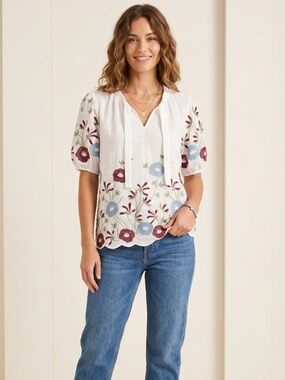 Embroidered White V-Neck Floral Peasant Top